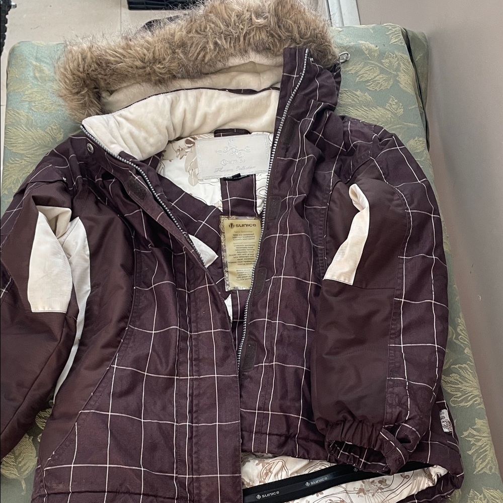 Sunice Kids Brown Checkered Puffer Jacket with Faux Fur Hood